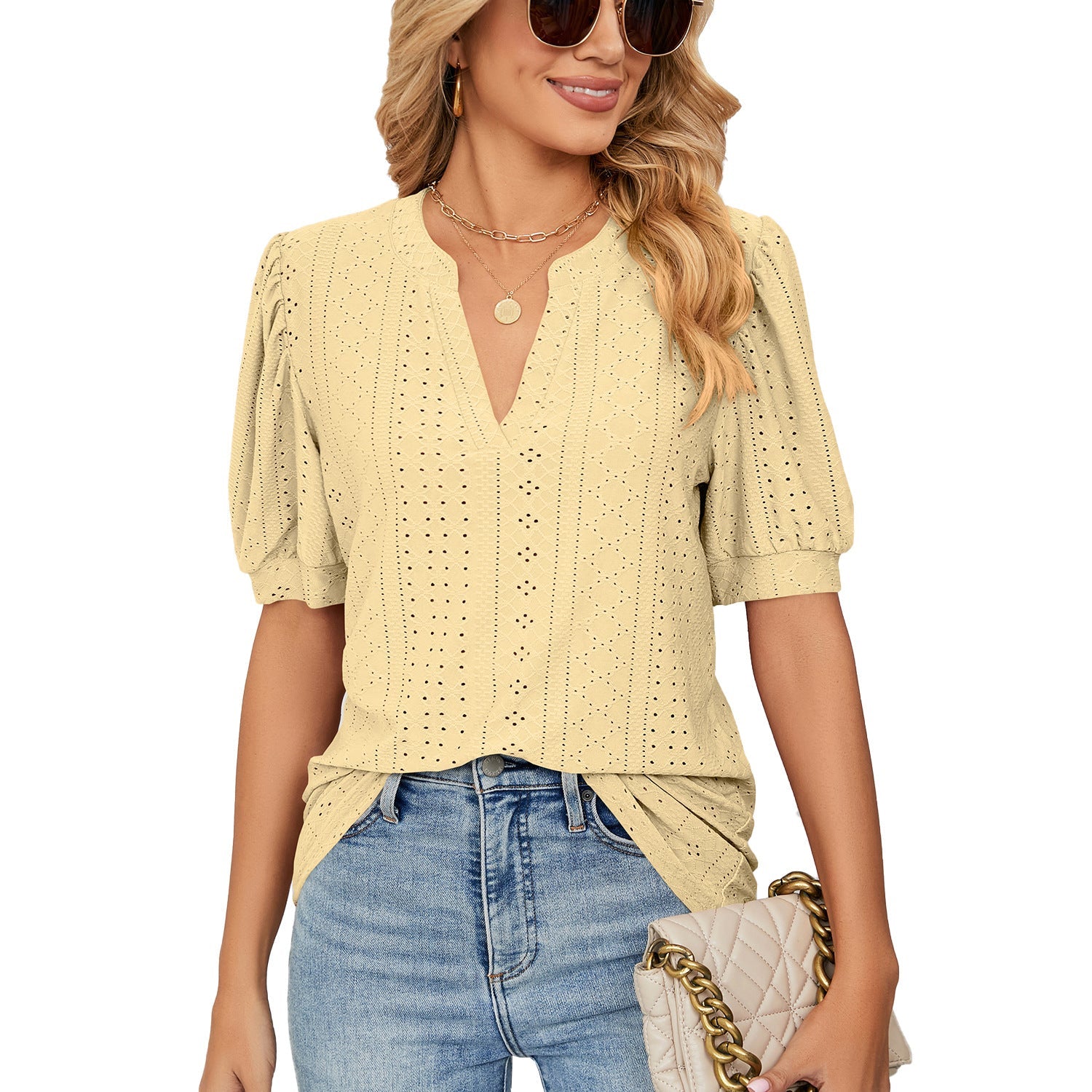 Summer Casual V Neck Solid Color Hollow Out Cutout Puff Sleeve Loose Fitting T Shirt Top Women