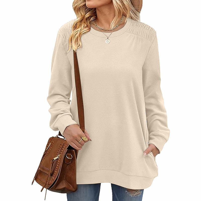 Autumn Winter Solid Color round Neck Loose Casual Long Sleeve T shirt Top for Women