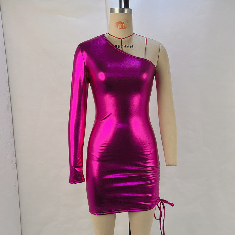 Metallic Coated Fabric Women Clothing Sexy Oblique Shoulder Waist Drawstring Bag Hip Dress Women Dress Nightclub