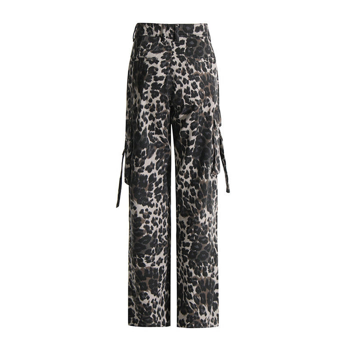 Autumn Vintage Leopard Print Printed Multi Pocket Decorative Design Cargo Jeans Women Trousers