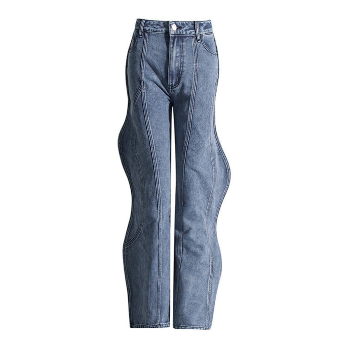 Autumn Wave Fractal Structural Denim Trousers Women High Waist Slimming Straight Pants