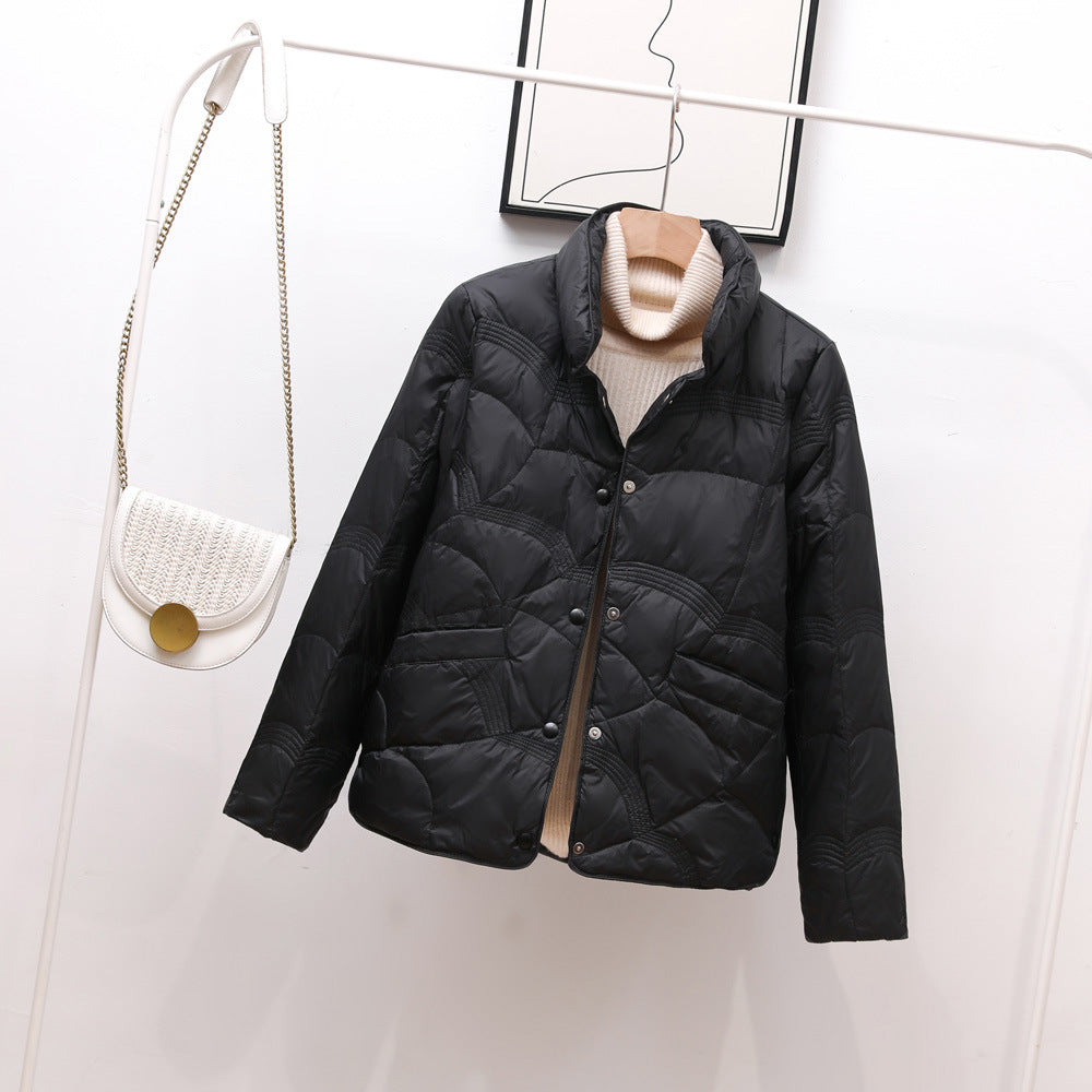 Autumn Winter Single Breasted Women Stand up Collar down Jacket Thin Side Slit Coat