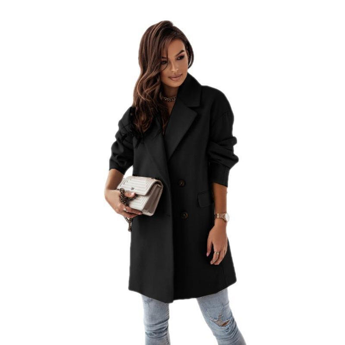 Popular Autumn Winter Long Sleeve Set Collar Double Breasted Woolen Coat Women