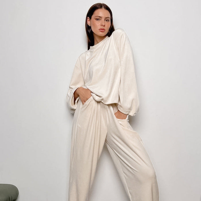 Velvet Solid Color Warm Keeping Comfortable Wide Leg Pants Set Pajamas Winter Women Homewear Can Be Worn outside