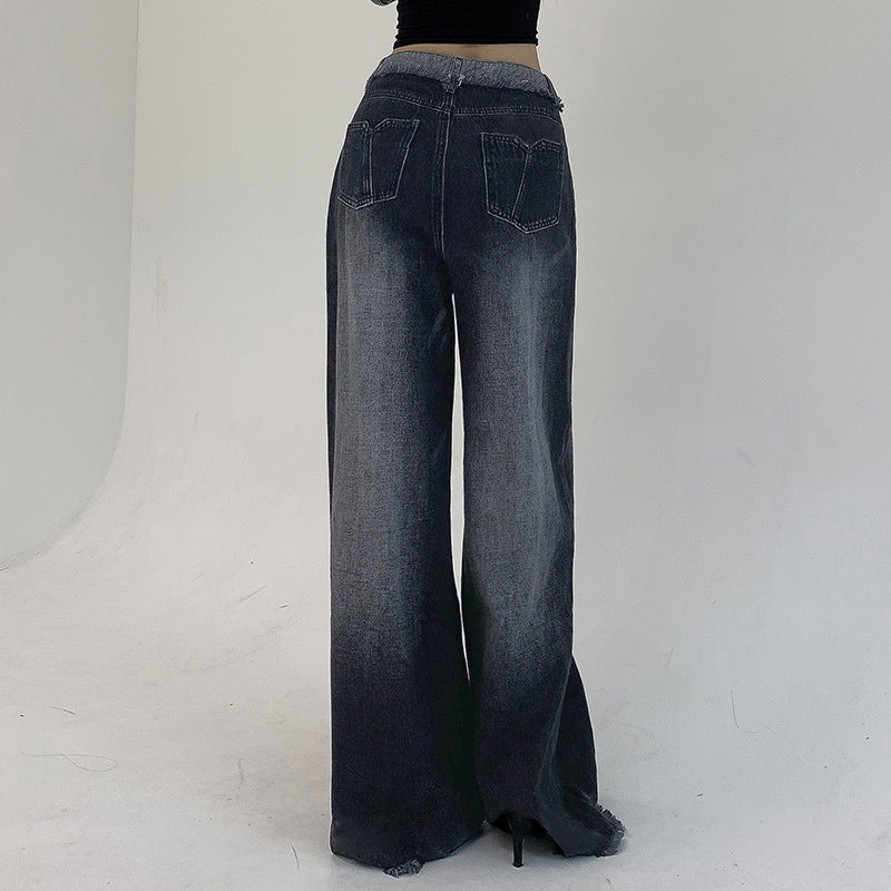 European Street Shooting Wash Gradient Color Burrs Basic Jeans Sexy Low Waist Loose Straight Casual Pants