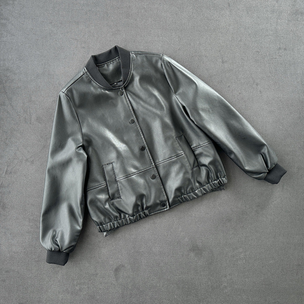 Autumn Single Breasted Varsity Jacket Faux Leather Coat Women Side Slit Leather Jacket Short Motorcycle Thread Coat