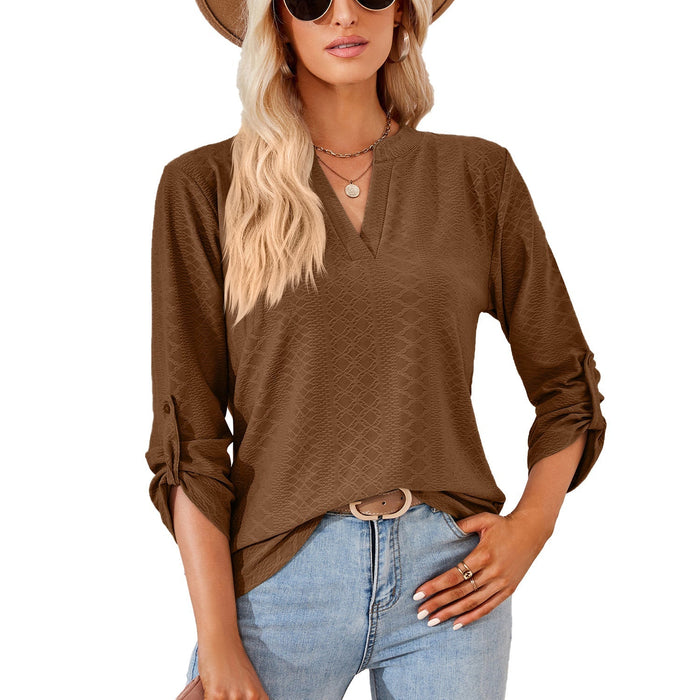 Autumn Winter Solid Color V-neck Three-Quarter Sleeve Button Loose-Fitting T-shirt Top Women