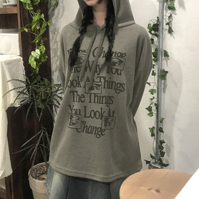 Hip Hop Street Letter Graphic Print Hooded Lace Sweater Loose Casual Sexy Autumn Thin Top