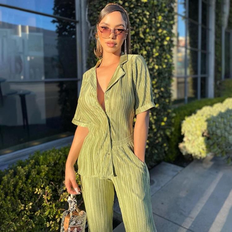 Summer French Office Green Short Sleeve Shirt Casual Pleated High Waist Wide Leg Pants Suit textured