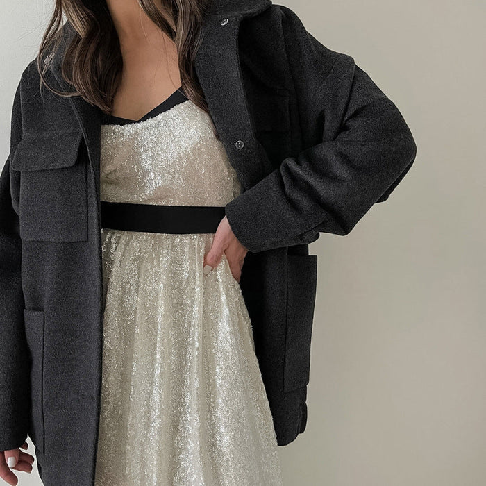 Dark Gray Woolen Coat Collared Single Breasted Neutral Minimalist Autumn Winter Retro Shirt for Women