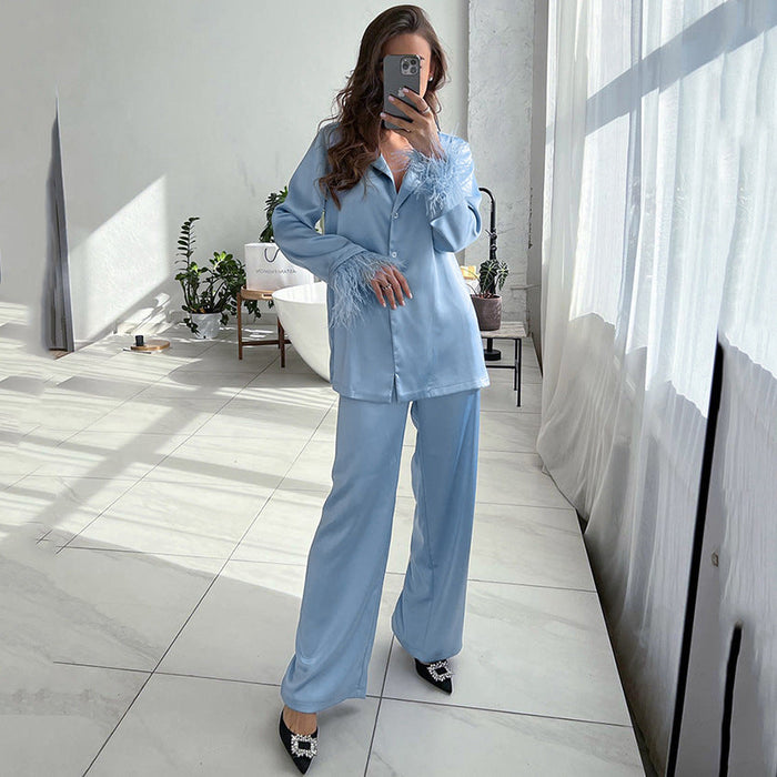 Autumn Feather Pajamas Long Sleeve Trousers Suit Loose Artificial Silk Outerwear Ladie Homewear