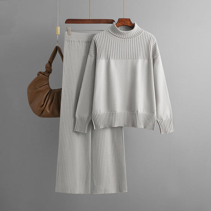 Women Knitted Pullover Solid Color High Collar Loose Casual Autumn Winter Sweater Two Piece Set