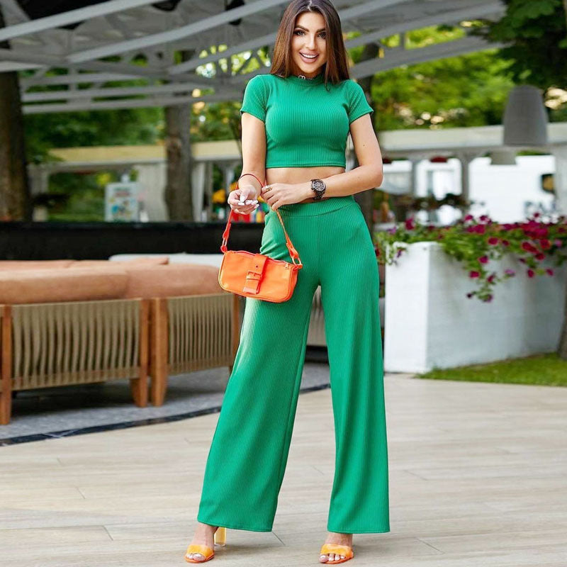 Short Sleeved Women Sexy Cropped T shirt Summer Trousers Women Two Piece Set