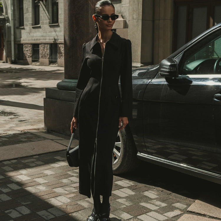 Women Cardigan Sheath Dress Polo Collar Long Sleeve Zipper Black Dress