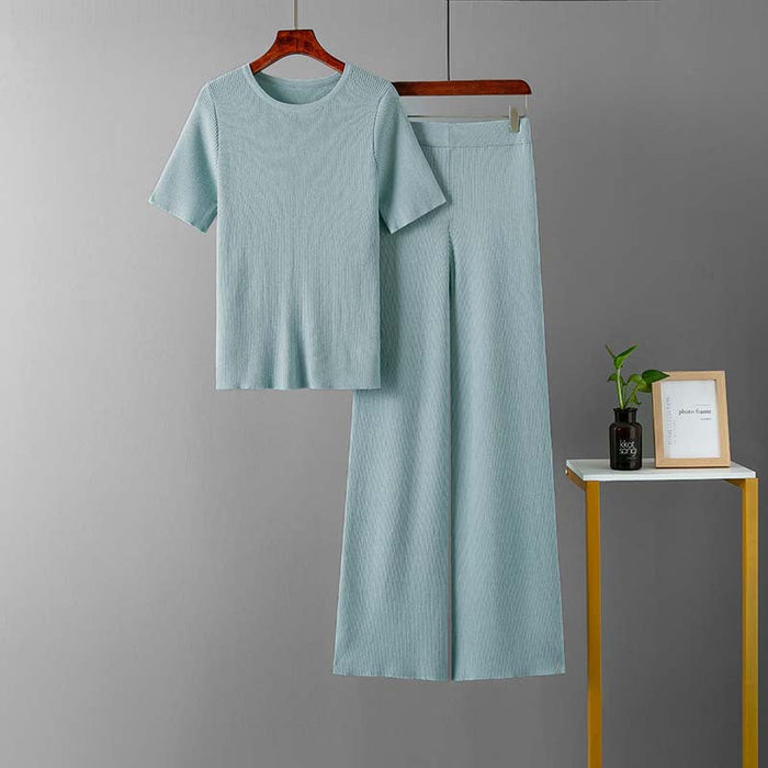 Summer High Elastic Solid Color round Neck Knitted Short Sleeve High Waist Slimming Two Piece Suit