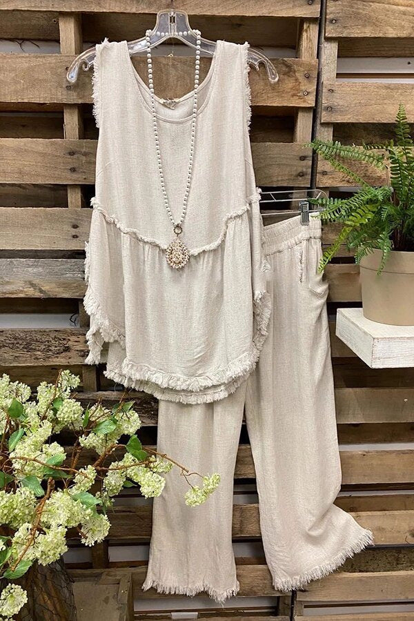 Women Casual Set Sleeveless Frayed Cotton Linen Vest Casual Cotton Linen Wide Leg Pants