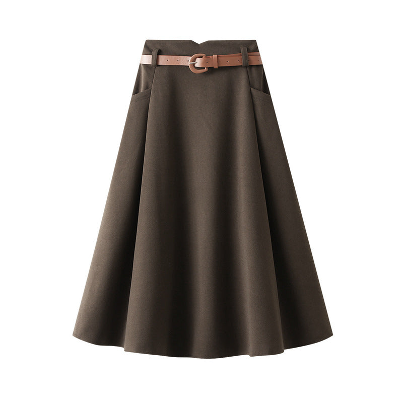 Popular Woolen Skirt Autumn Winter High Waist Pleated A line Mid Length Umbrella Skirt