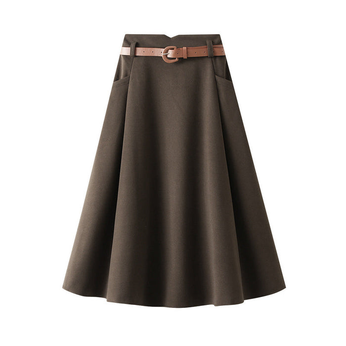 Popular Woolen Skirt Autumn Winter High Waist Pleated A line Mid Length Umbrella Skirt