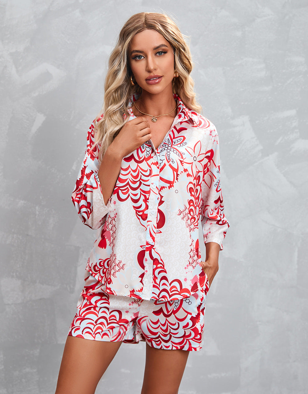 Women Clothing Printed 3/4 Sleeves Shorts Casual Suit