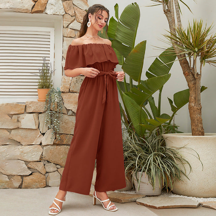 Women Clothing Summer Casual off Shoulder Ruffle Sleeve Lace up Cropped Wide Leg Pants