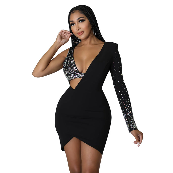 Summer Women Clothing Sexy Tight Rhinestone One Shoulder Dress Women