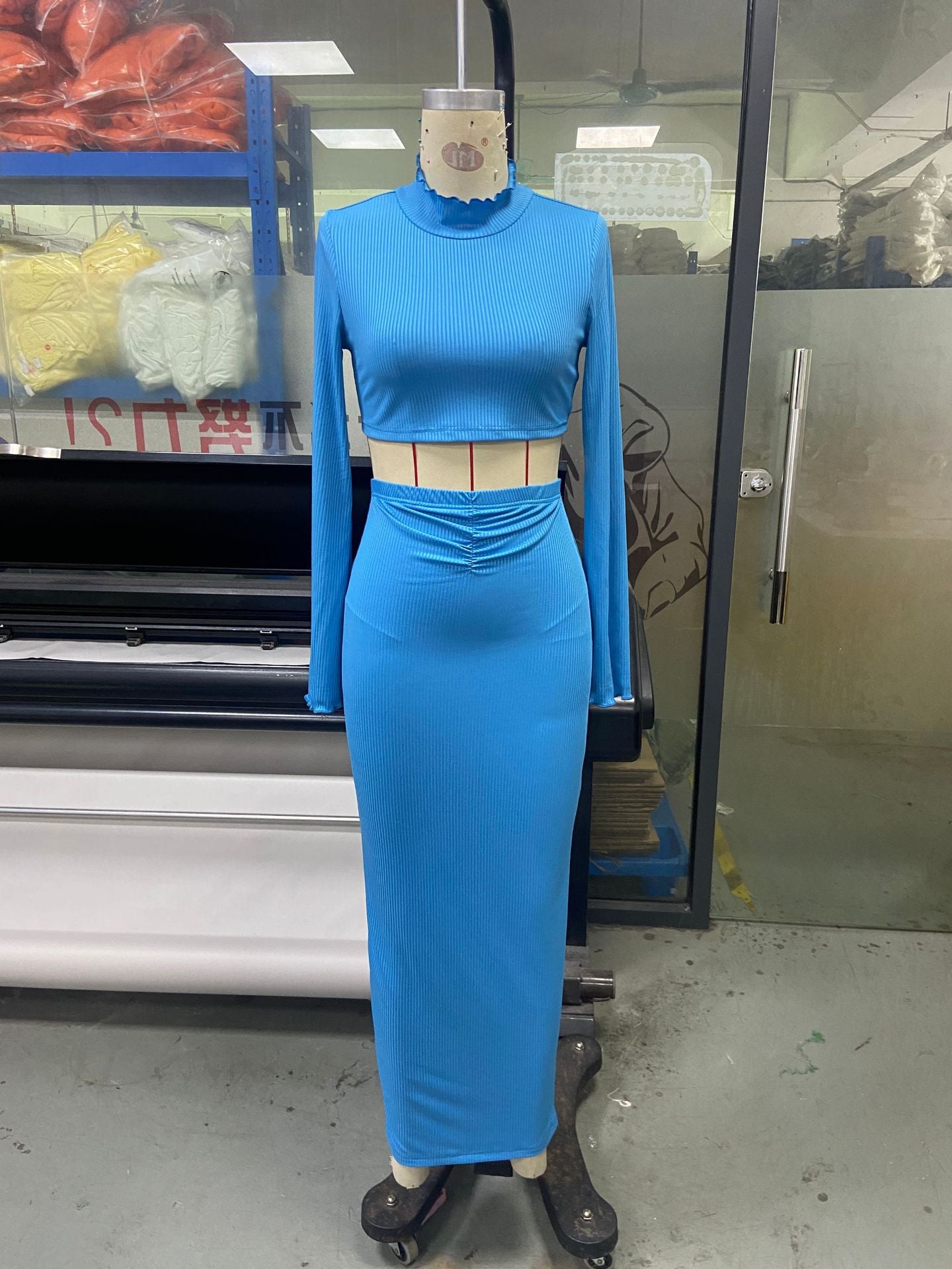Women Clothing Elegant Outfit Solid Color Cropped Flared Sleeve Top Pleated Skirt Sets