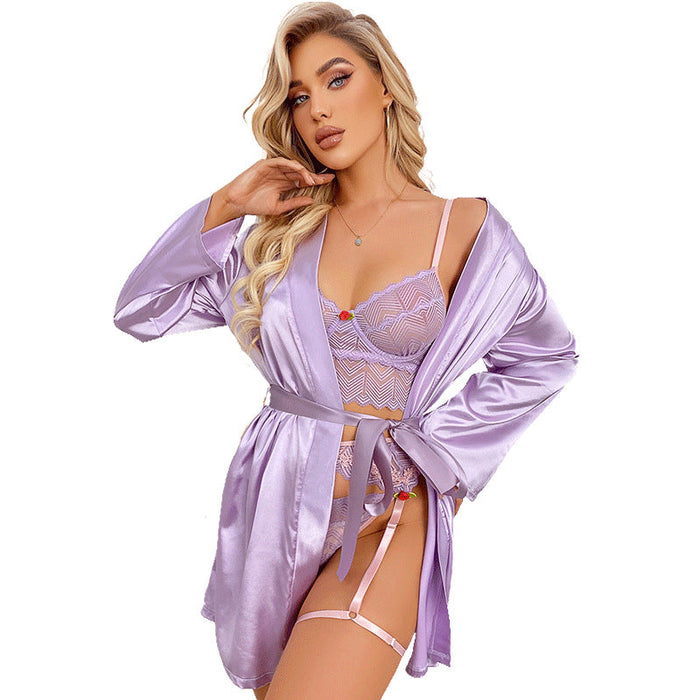 Summer Sexy Lingerie Casual Comfortable Nightgown Cardigan Lace up Artificial Silk Home Wear Sexy Bathrobe