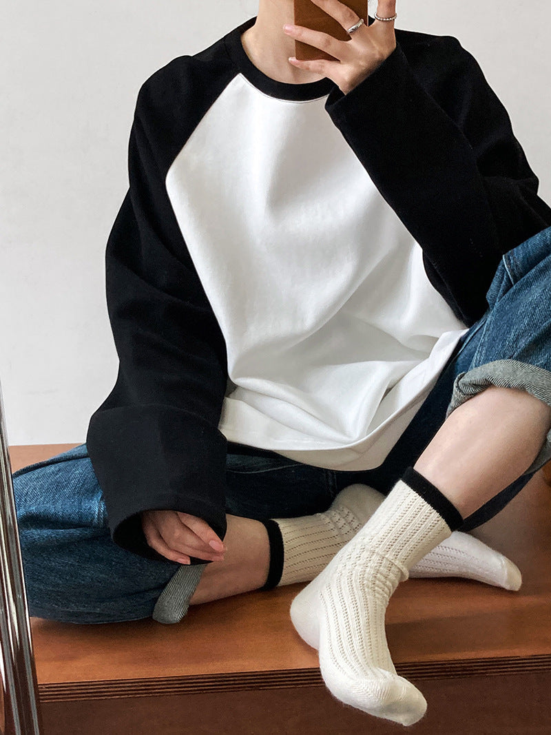 Casual Contrast Color Profile T shirt Women Loose Idle Color Block Raglan Sleeves Long Sleeve Bottoming Top