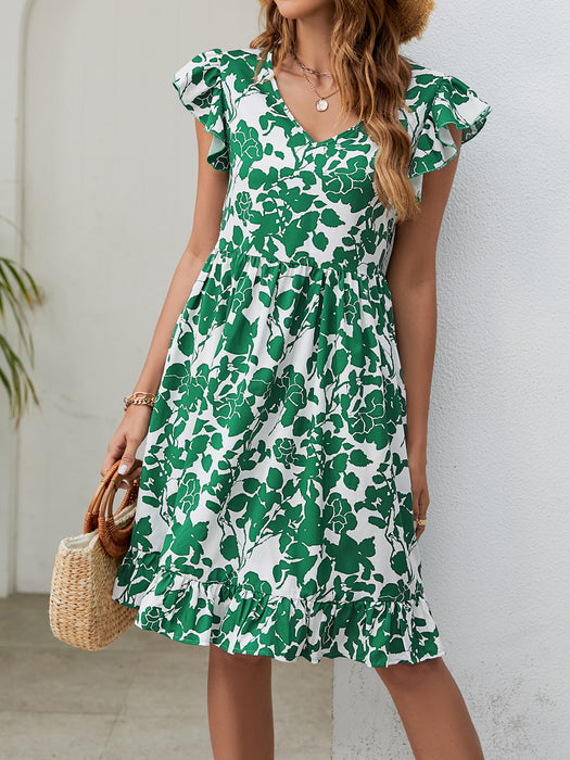 Summer Popular Leaf Printed Dress V Neck Ruffled Sleeve Casual Holiday Dress