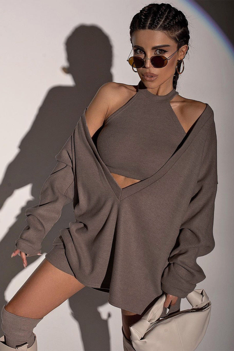 Autumn Sexy Vest V neck Long Sleeve Loose Pullover Two Piece Set for Women