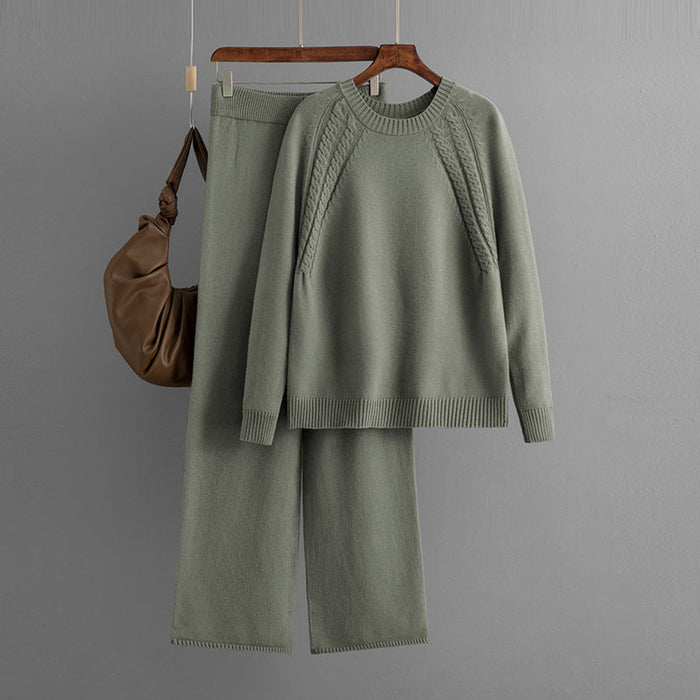 Autumn Winter Casual Solid Color Knitting Suit Women Loose Sweater Wide Leg Pants Two Piece Set