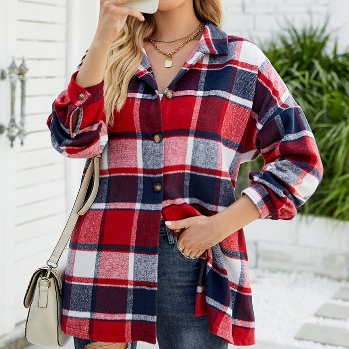 Women Clothing High Profile Figure Autumn Winter Long Sleeved Plaid Shirt Mid Length Woolen Coat