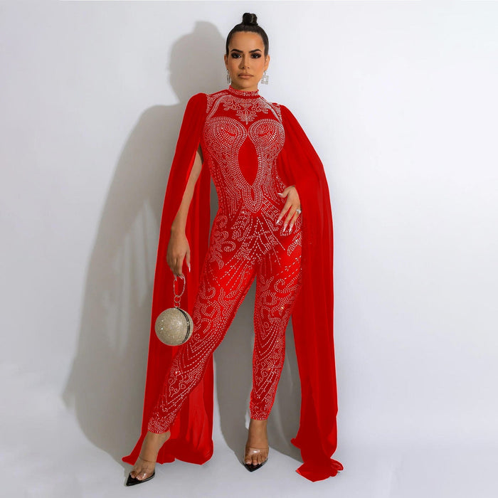 Autumn Winter Women Clothing Sexy Mesh Rhinestone See through Nightclub Jumpsuit Women