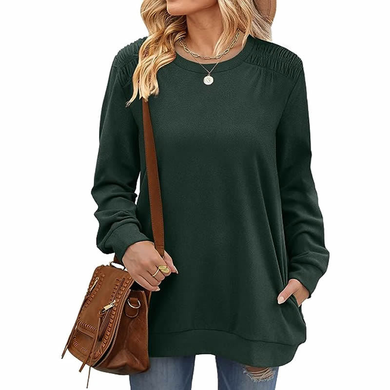 Autumn Winter Solid Color round Neck Loose Casual Long Sleeve T shirt Top for Women