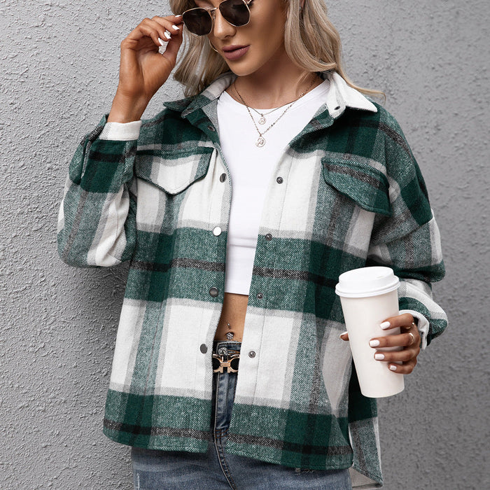 Thickened Cashmere Long-Sleeved Plaid Jacket Loose Casual shacket Jacket Plush Plaid Jacket Coat for Women