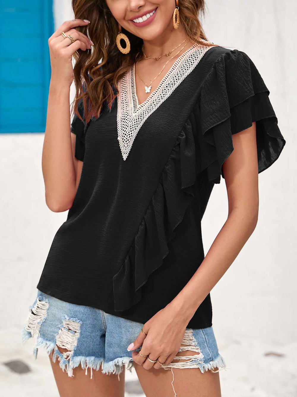 Women Clothing Popular Shirt Top Summer Solid Color Lace Stitching Women Clothing