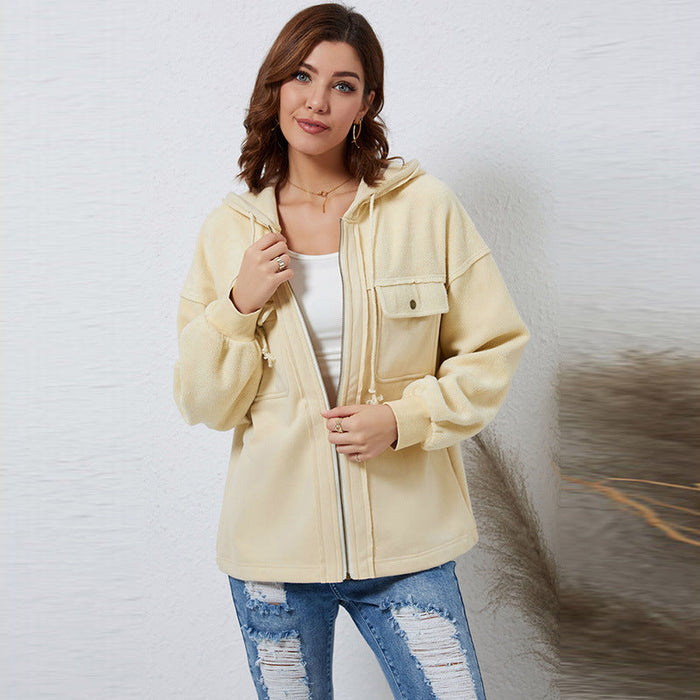 Early Autumn Solid Color Loose Zip Jacket Women Casual Pocket Drawstring Long Sleeve Coat Women