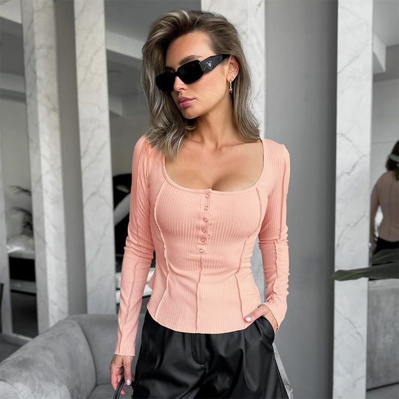 Women Clothing Autumn Winter Solid Color Long Sleeve All Match Sexy Top