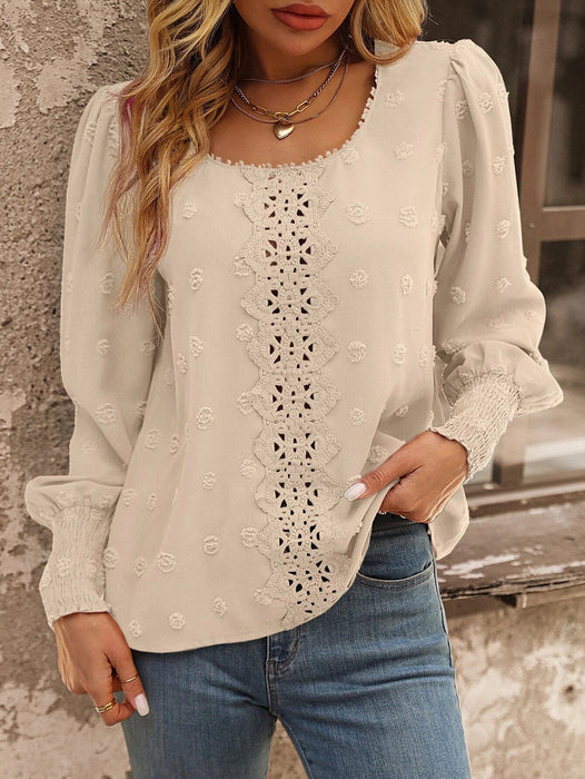 Women Round Neck Puff Sleeve Big Polka Dot Stitching Lace Smocking Shirt