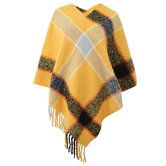 Autumn Winter Cashmere Contrast Color Striped Cloak Knitted Tassel Scarf Shawl Women