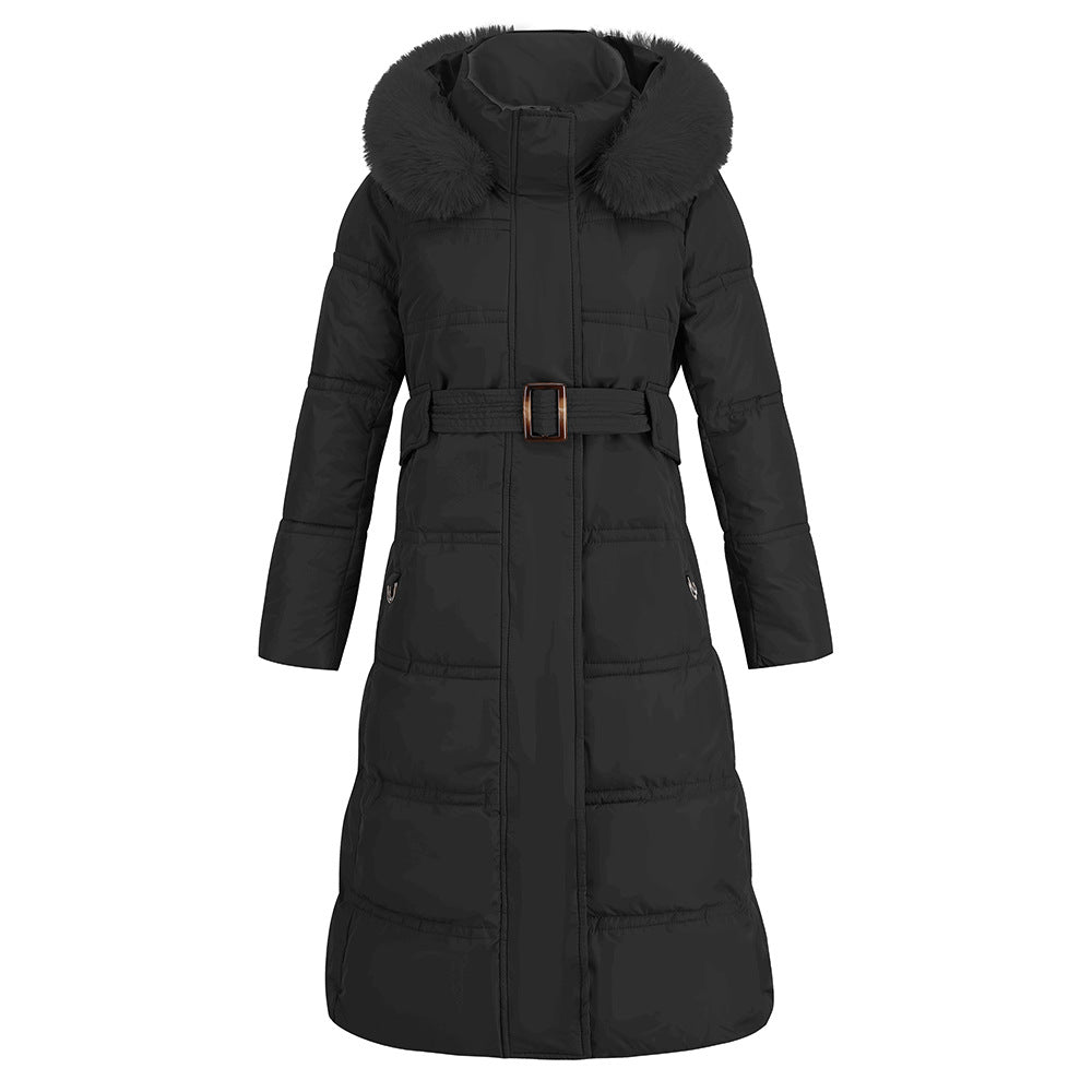 Fur Collar Contrast Color Coat Winter Slim Slimming down Cotton Padded Jacket Mid Length Coat for Women