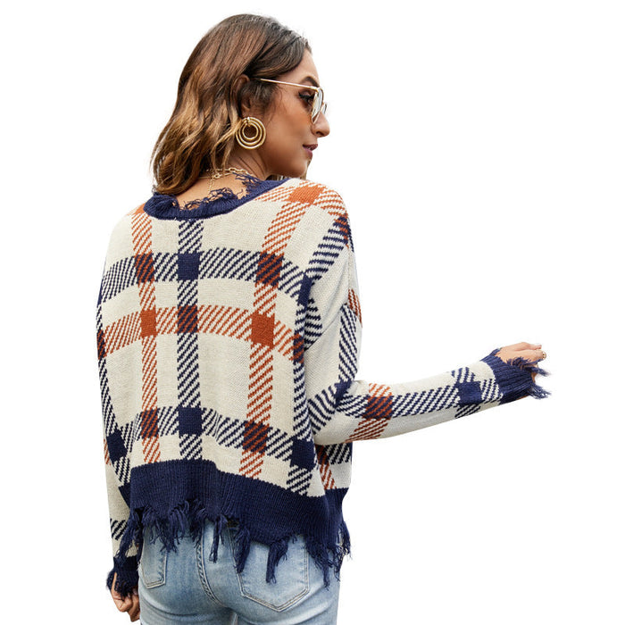 Sweater V-neck Knitted Pullover Women Wear Plaid Loose Hole Knitted Sweater