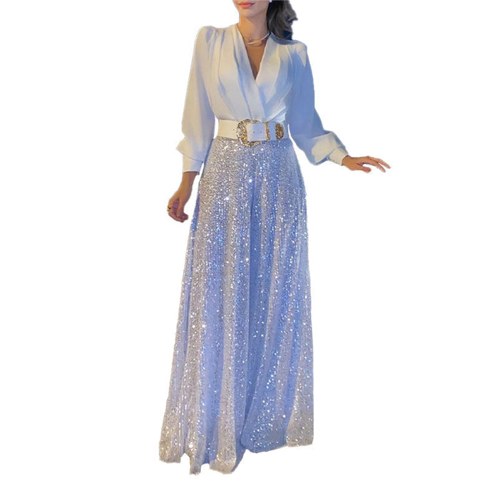 V neck Long Sleeve Shirt Elegant Waist Slimming Sequined Wide Leg Pants