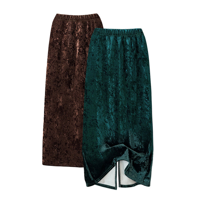 Gold Velvet Skirt Winter Fleece Lined Thickened Split Dress Straight Slimming Sheath High Waist A Line Skirt Women