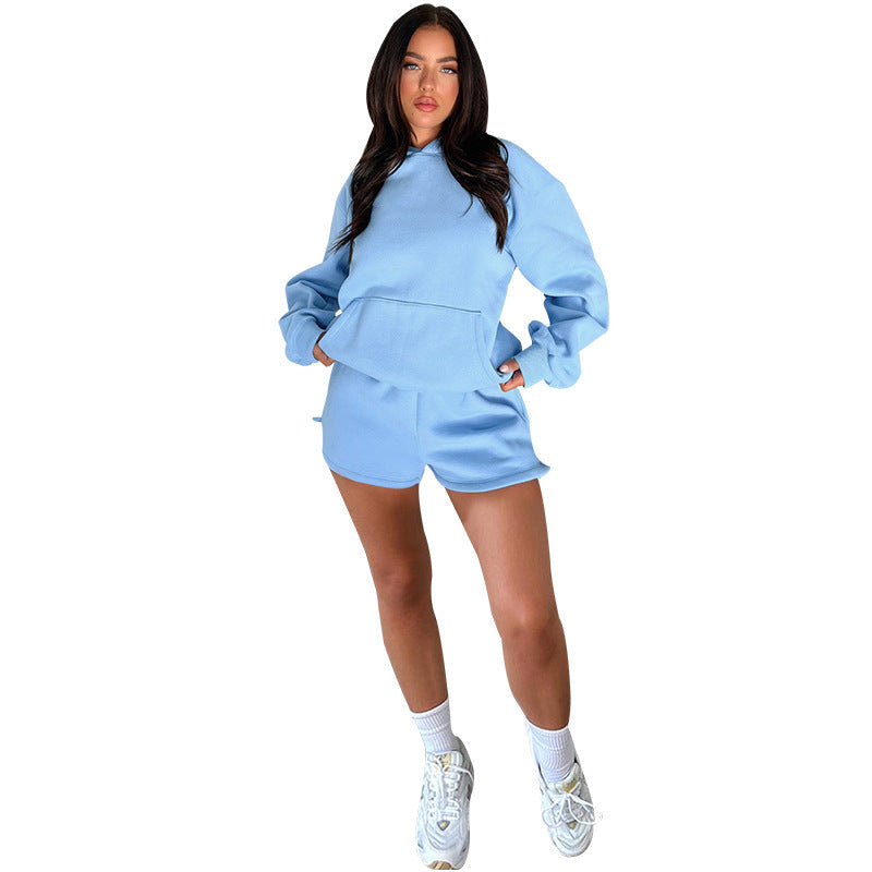 Autumn Winter Solid Color Long-Sleeved Hooded Sweaters Women Clothing Two Piece Casual Shorts sets