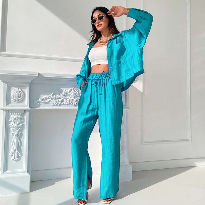 Women Commuting Wear Spring Summer Polo Collar Shirt Top Split Wide Leg Pants Two Piece Set Casual Set