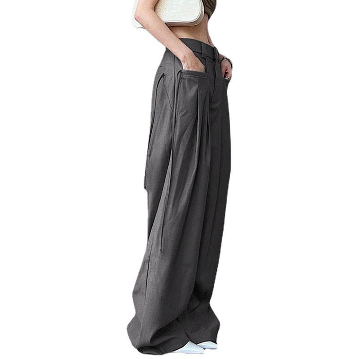 Retro Street High Grade sexy Loose Wide-Leg Pants Elegant Pleated Pocket All Matching Casual Mopping Pants Trousers