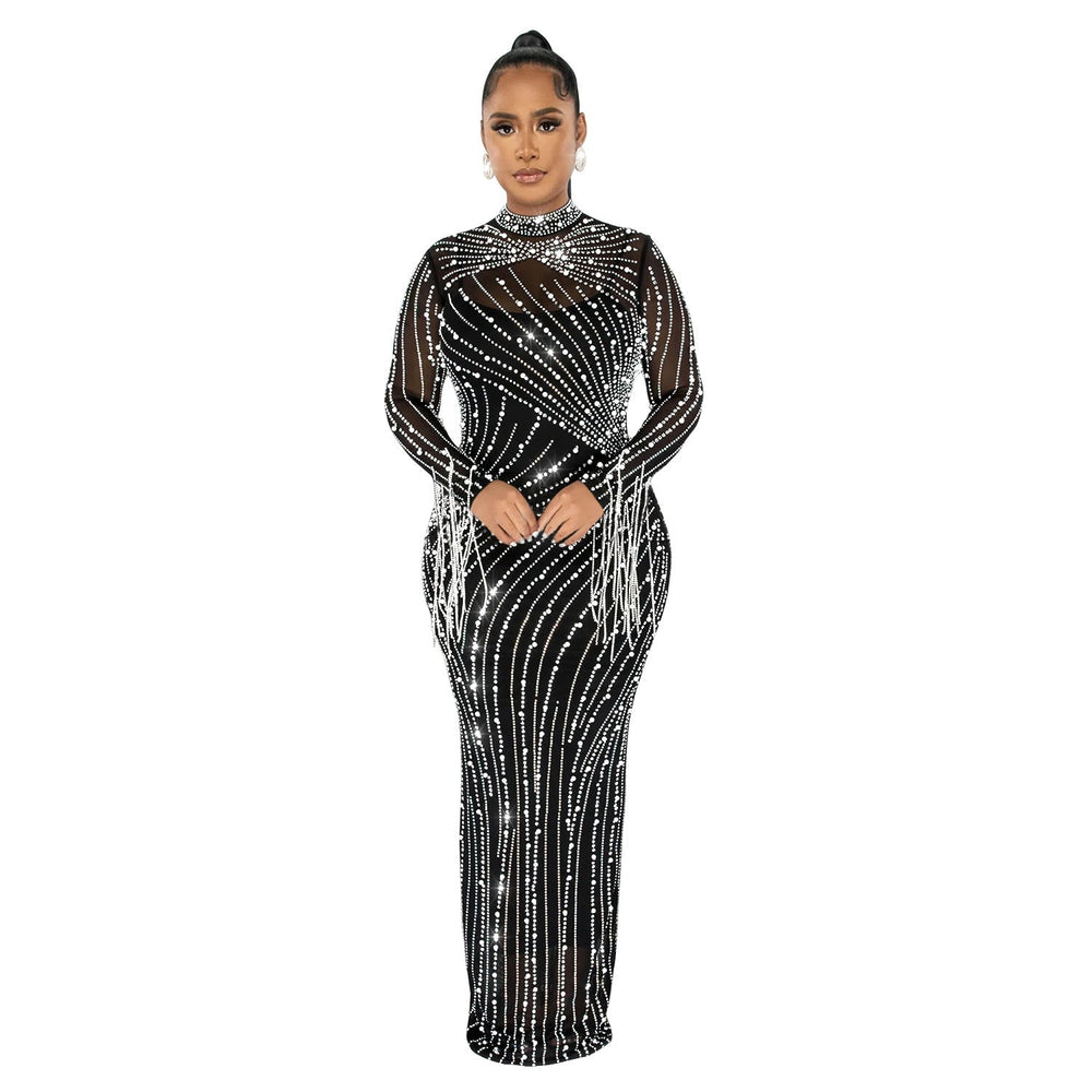 Women Wear Mesh See Through Drilling Long Sleeve Lining Two Piece Set