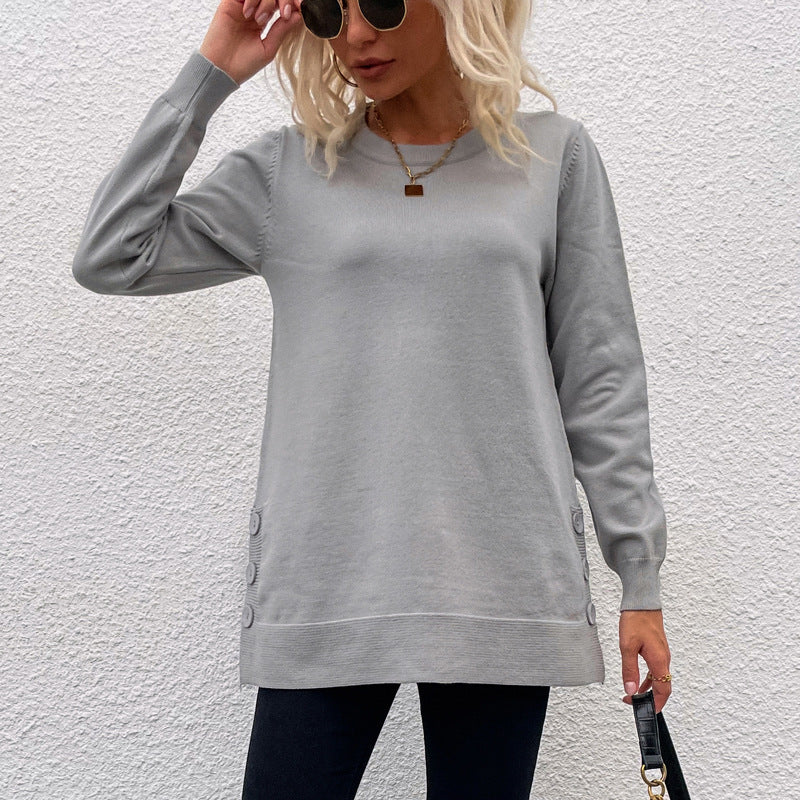 Women Clothing Autumn Winter Sweaters Women round Neck Button Solid Color Split Sweater