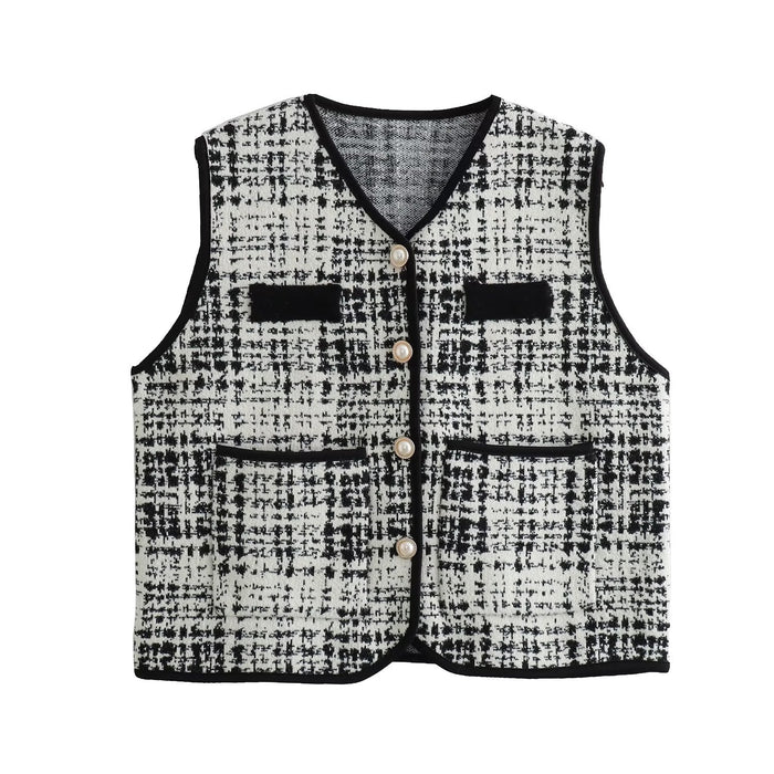 Women Clothing French Plaid Edging V neck Buttons Decoration Sleeveless Knit Vest Vest